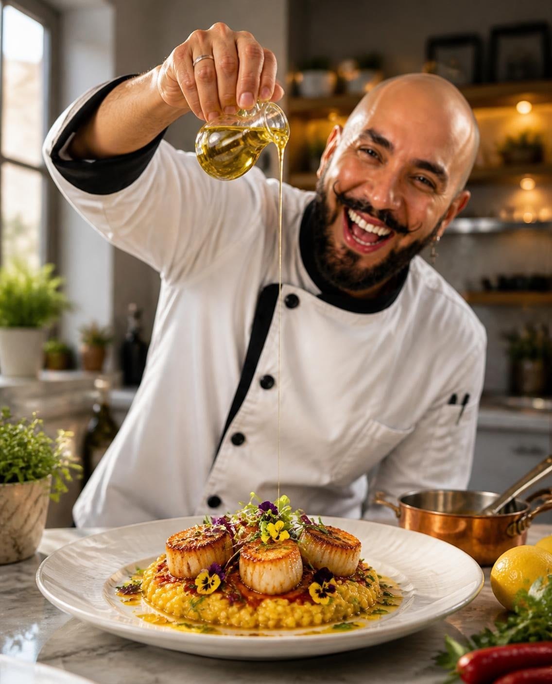 El Chef Luigi terminando unas vieiras sobre risotto de azafrán con aceite de oliva