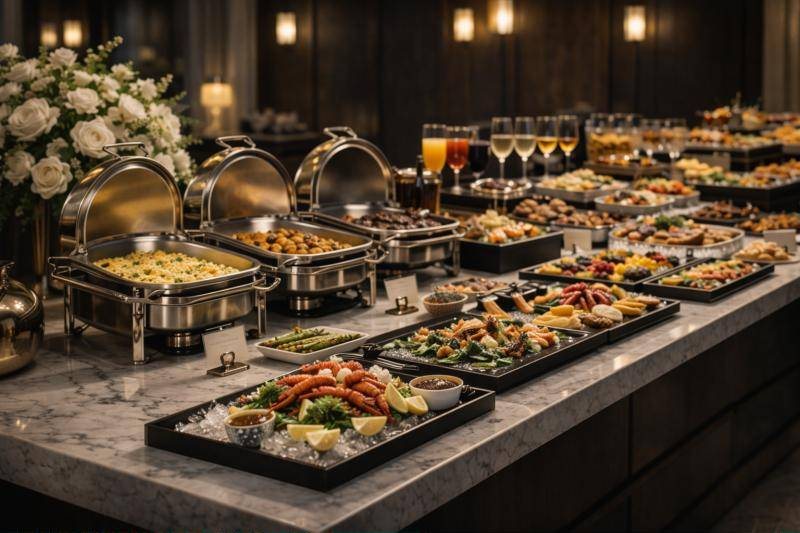 An elegant catering spread with chafing dishes and platters