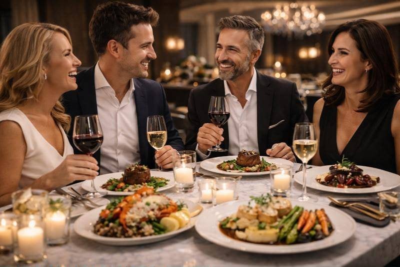Friends toasting champagne at a candlelit celebration