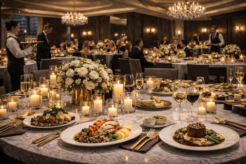 A grand candlelit dining room set for a private event