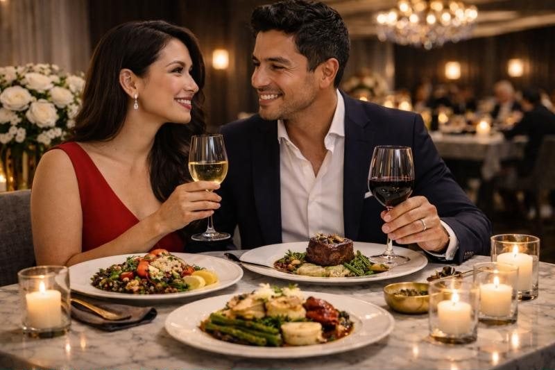 A couple sharing a candlelit private dinner