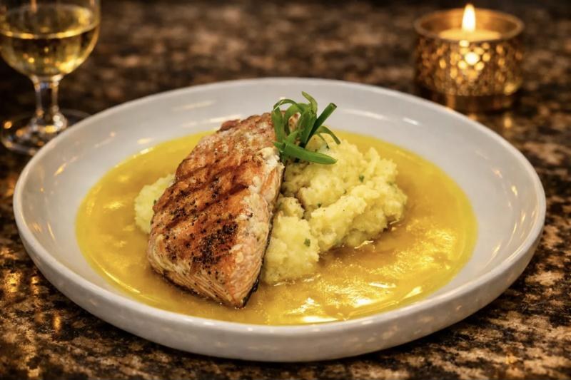 Grilled salmon over herbed mash in saffron broth