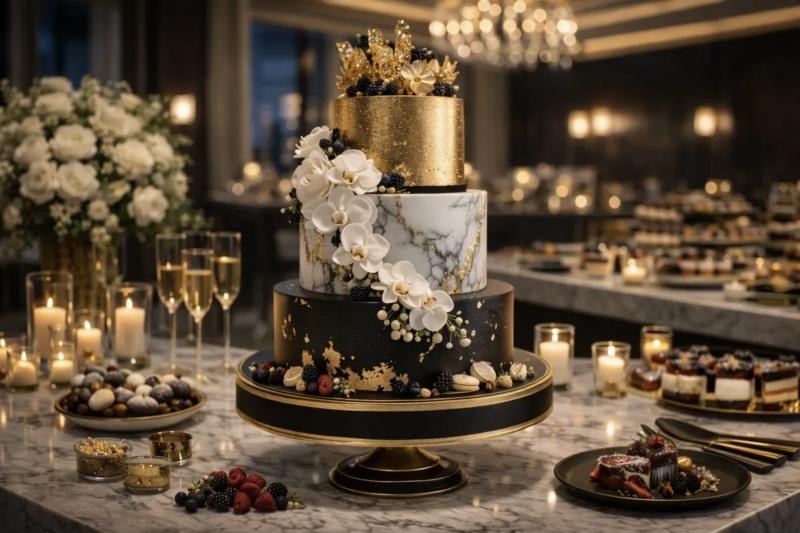 A three-tier black, marble and gold celebration cake
