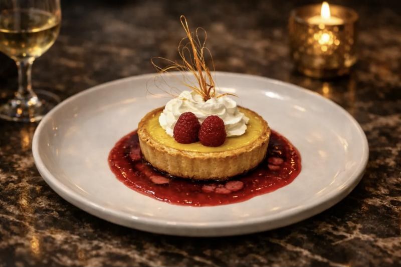 Lemon tart with raspberries and spun sugar