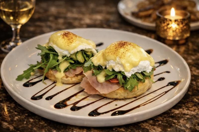 Eggs benedict with prosciutto and arugula
