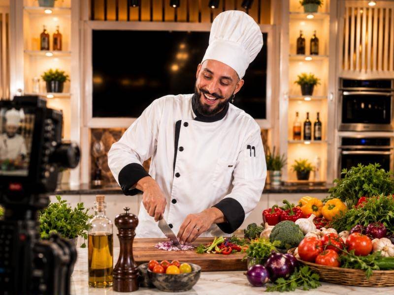 El Chef Luigi picando verduras frescas en el set