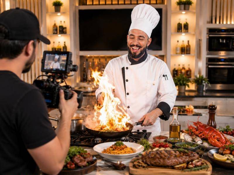 Un camarógrafo filmando al Chef Luigi mientras flamea en el set